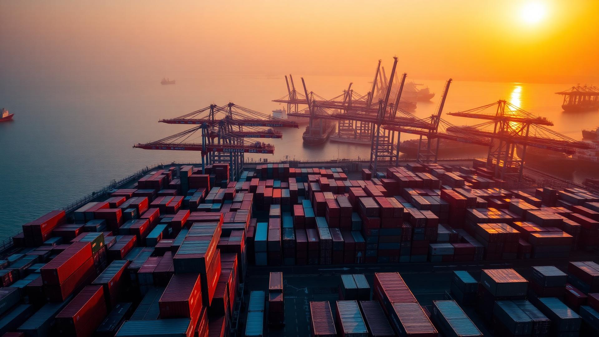 International shipping port at sunset